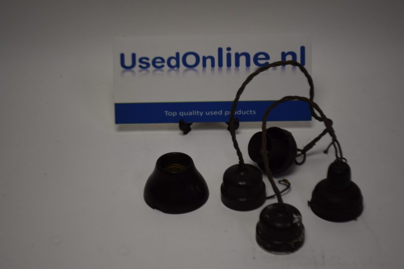 Lot van 5 vintage bakelieten hanglampenhouders – industriële stijl met stoffen snoeren