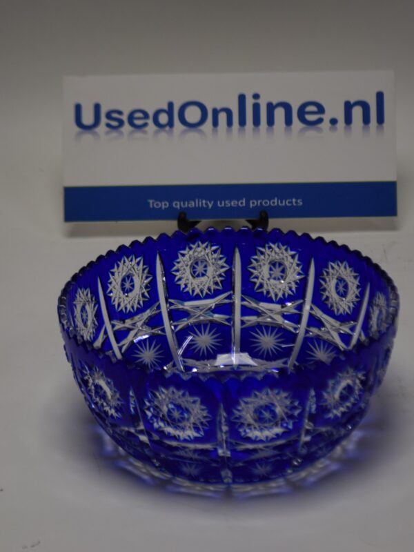 Handgesneden kobaltblauwe kristallen kom in Boheemse stijl – sterpatroon, 20 cm