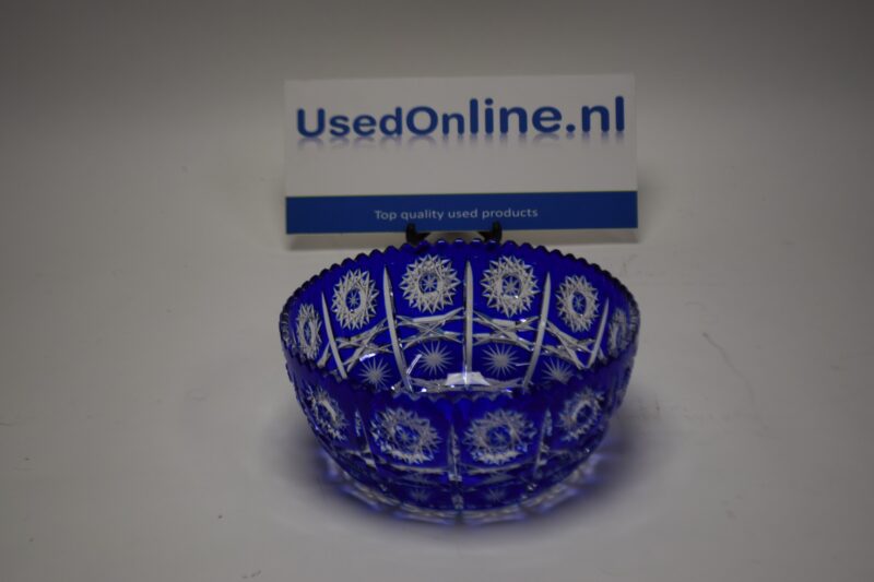 Handgesneden kobaltblauwe kristallen kom in Boheemse stijl – sterpatroon, 20 cm