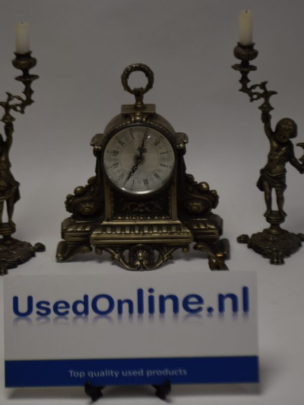 Antieke messing schouwklokset met engelachtige figuren - 3-delig vintage ensemble