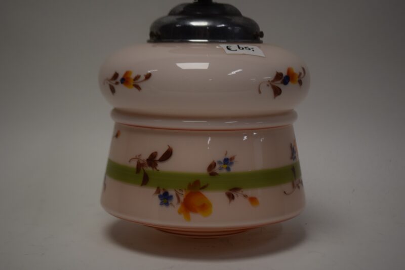 Vintage glazen lampenvoet met bloemenmotief – handbeschilderd roze en groen met metalen fitting - Afbeelding 3
