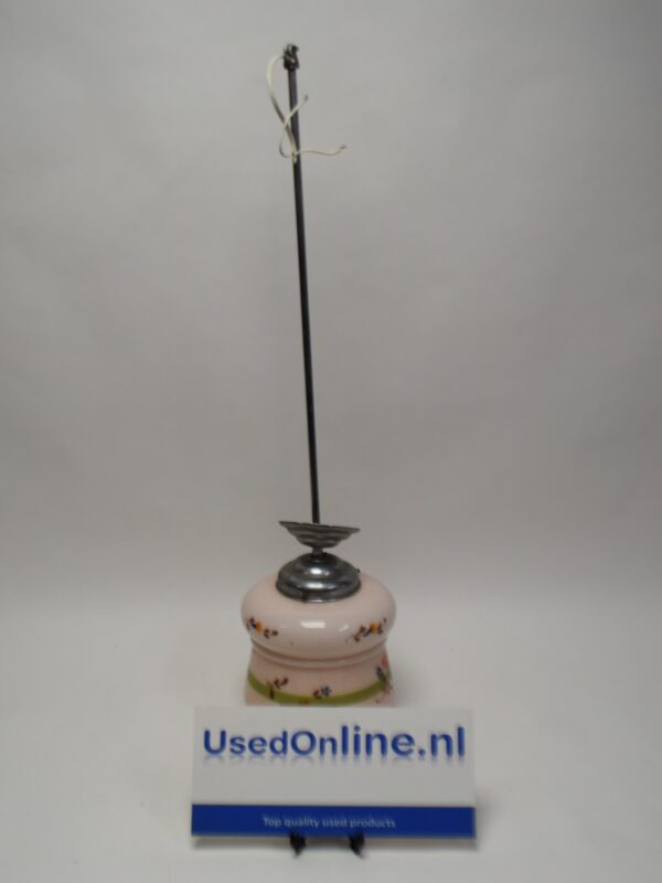 Vintage glazen lampenvoet met bloemenmotief – handbeschilderd roze en groen met metalen fitting