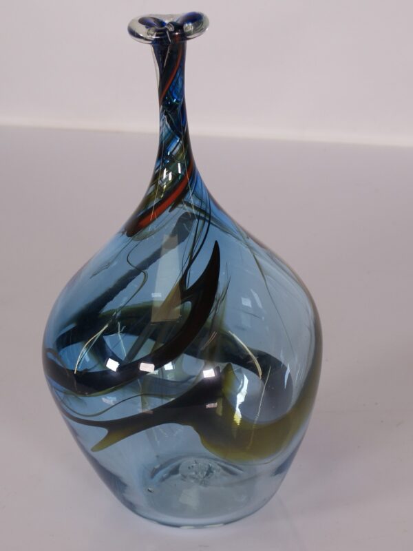 Vintage Murano Stijl Handgeblazen Kunstglas Vaasje – Blauw met Gekleurde Swirls