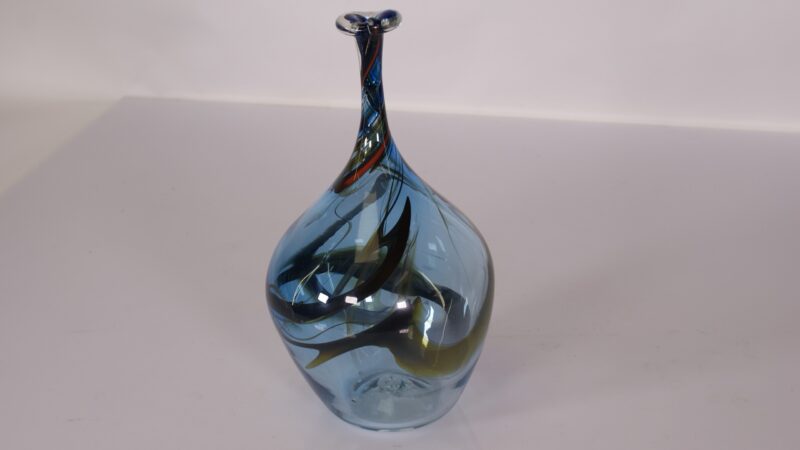 Vintage Murano Stijl Handgeblazen Kunstglas Vaasje – Blauw met Gekleurde Swirls