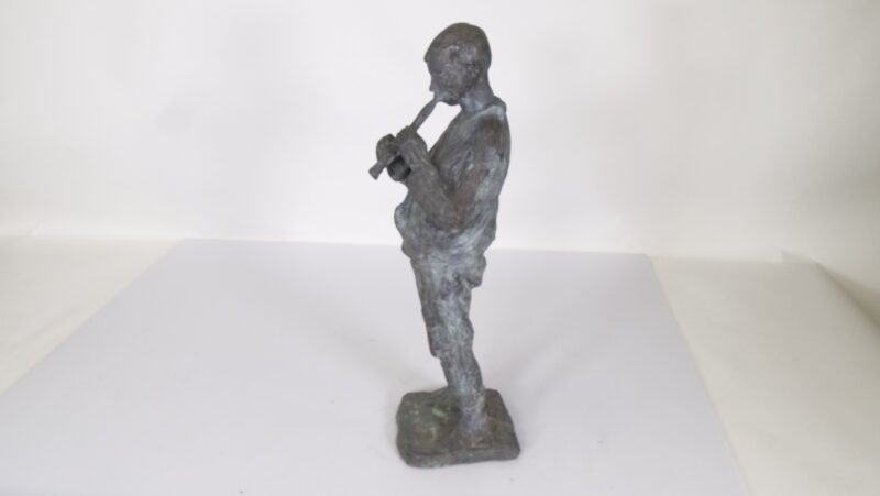 Bronzen Beeldje – Muzikant met Fluit (Handgemaakt, ca. 20e eeuw) - Afbeelding 2