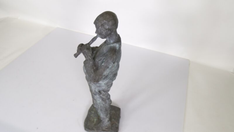 Bronzen Beeldje – Muzikant met Fluit (Handgemaakt, ca. 20e eeuw) - Afbeelding 3