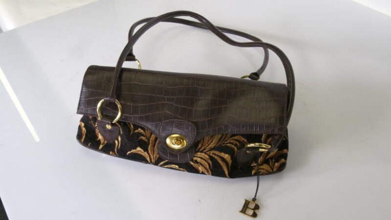 Bulaggi handtas – bruin krokoprint & goud-fluwelen jacquard, vintage chic - Afbeelding 4