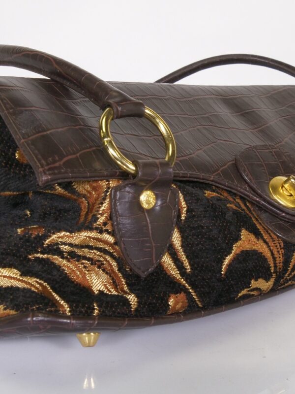 Bulaggi handtas – bruin krokoprint & goud-fluwelen jacquard, vintage chic