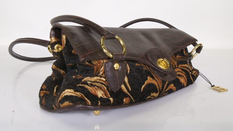 Bulaggi handtas – bruin krokoprint & goud-fluwelen jacquard, vintage chic
